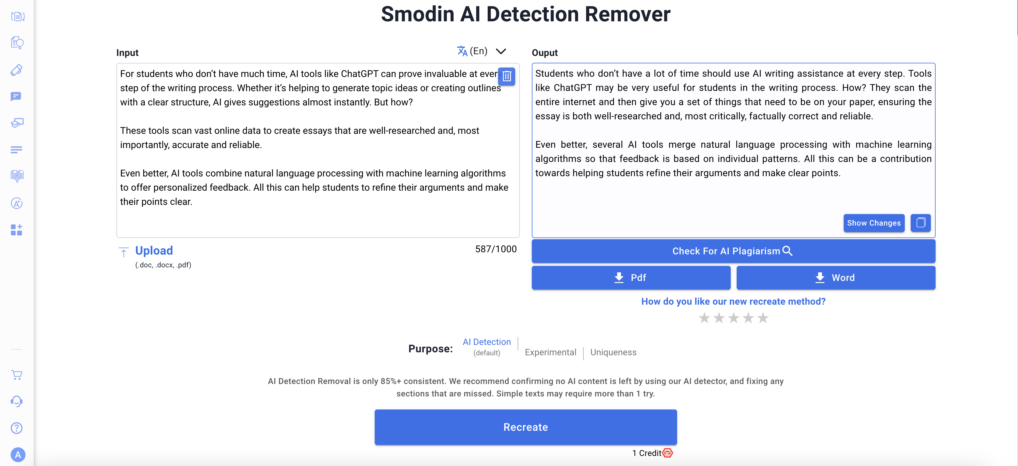 Smodin’s screenshot of Smodin Rewriter AI Detection Remover Tool. 